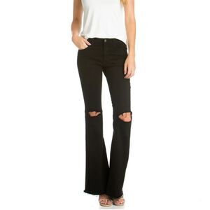 O2 Denim Drift Away Black Knee Slit Denim Flare Jeans Black Distressed 28 Grunge